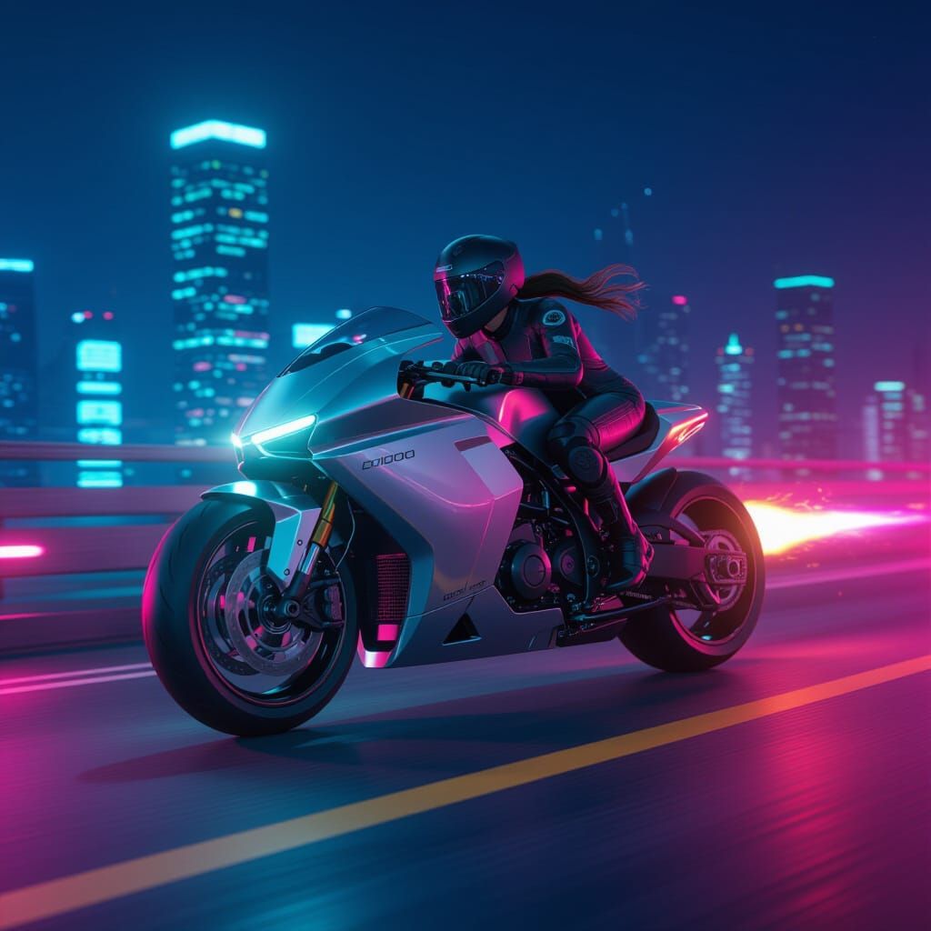 Futuristic DC1000 Motorcycle Speeding Down Neon Highway