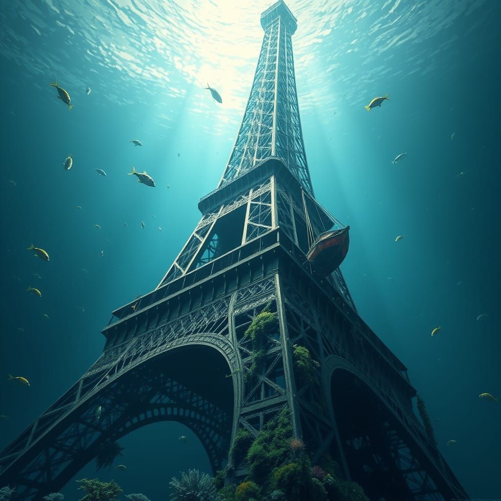 Majestic Eiffel Tower Submerged in Underwater Abyss