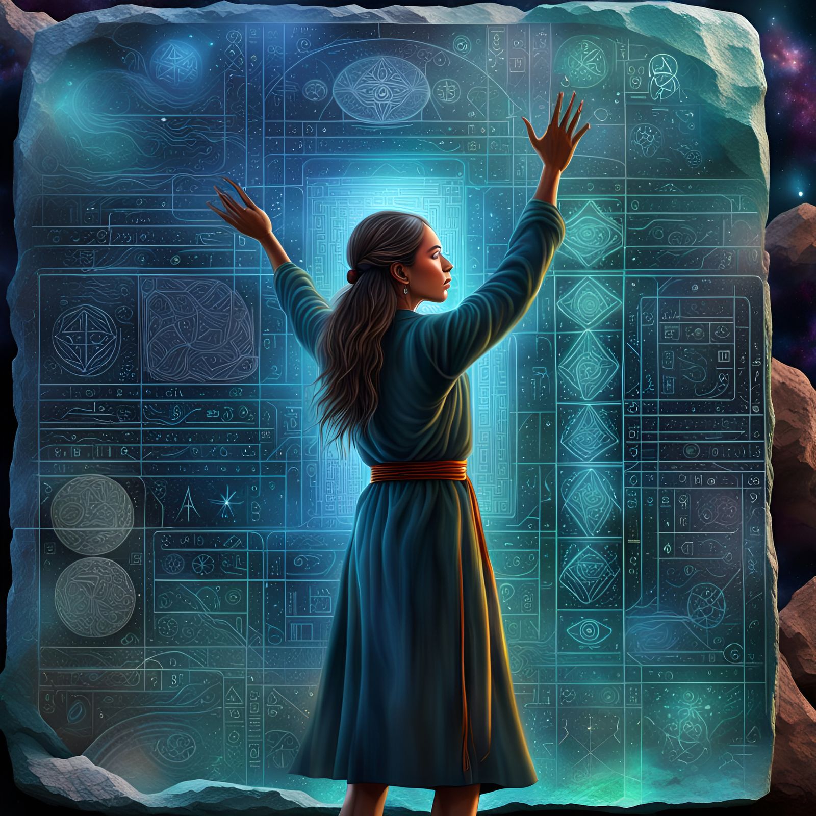 Mystical Woman Rearranging Stone Tablet Codes