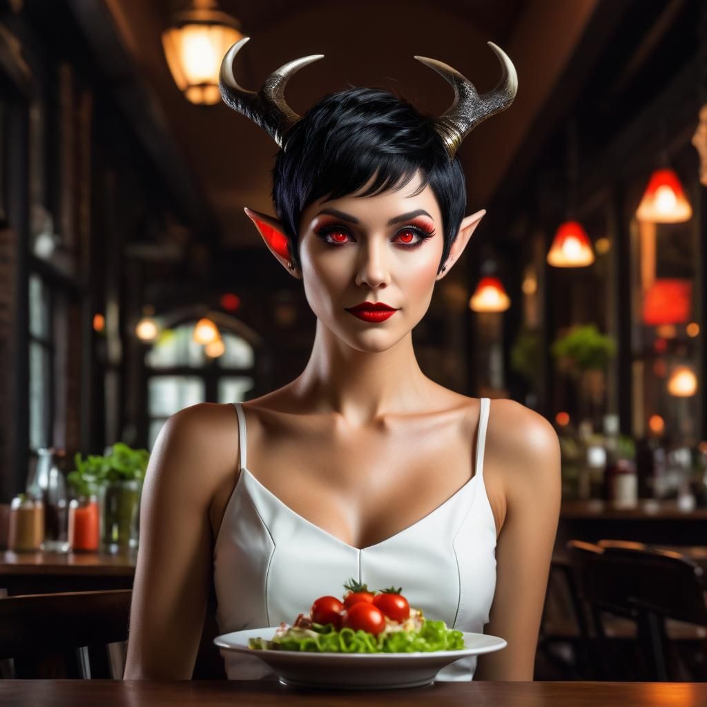 Fae Woman and Frankenstein in Bistro