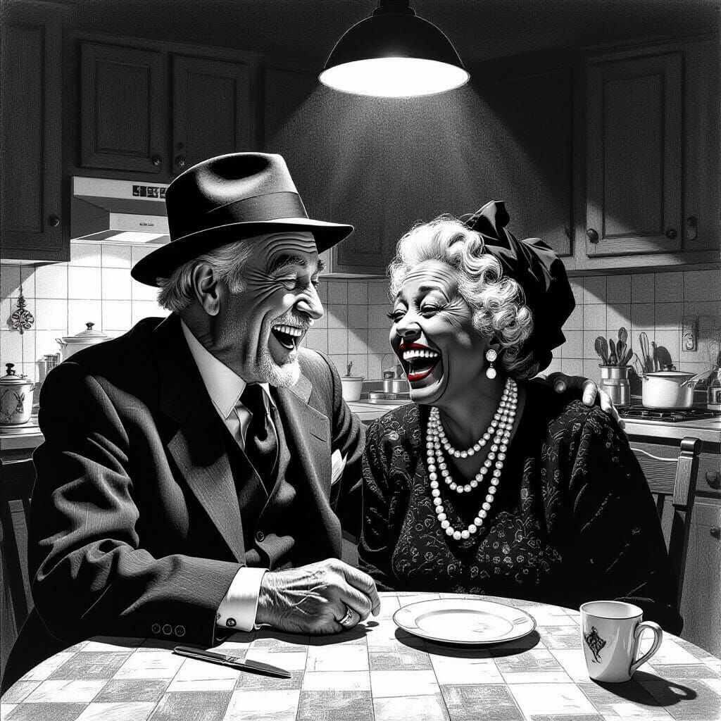Monochrome Surreal Drawing of Joyful Mafia Couple