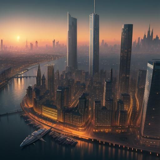 City skyline across the water at sunset 8k resolution concept art intricately detailed Splash art trending on Artstation...