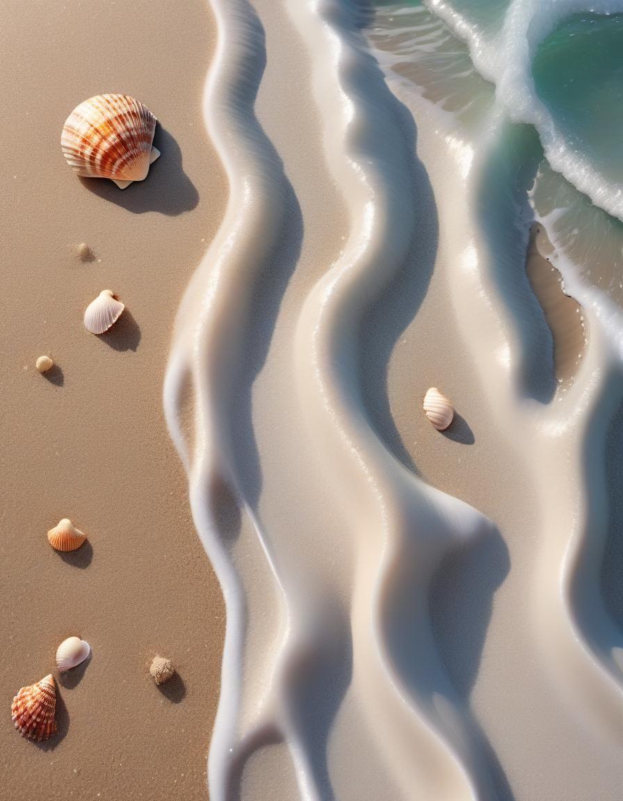 Seashell on Wet Sand: Hyperrealistic Beach Scene