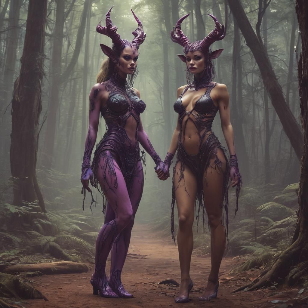 Synthwave Faun-Woman Walking in Eldritch Forest