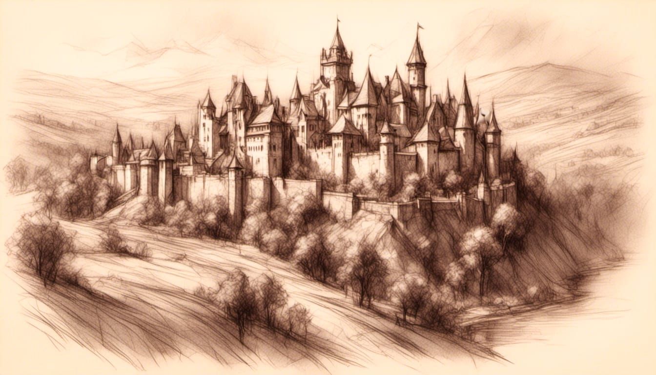 <lora:Charcoal art:1.0> <lora:Anime:1.0> An arial view of medieval kingdom castle