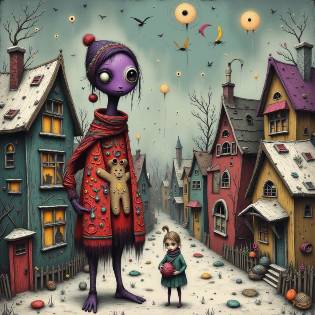 One-Eyed Monster Decorates Whimsical Village for Xmas