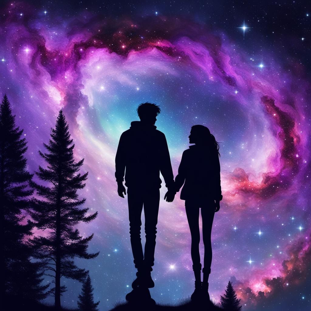 Silhouette of Couple Gazing at Galaxy