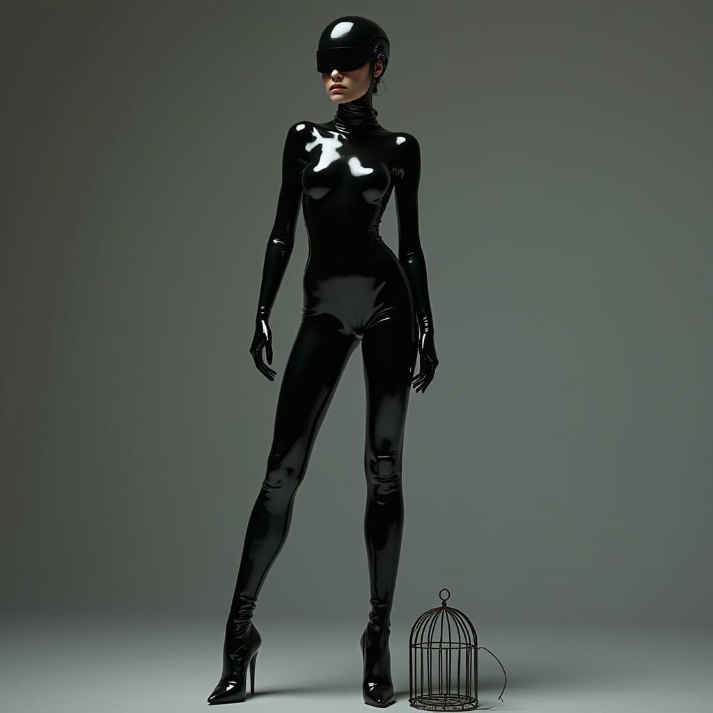 Woman in Latex Catsuit with Cage, Digital Art