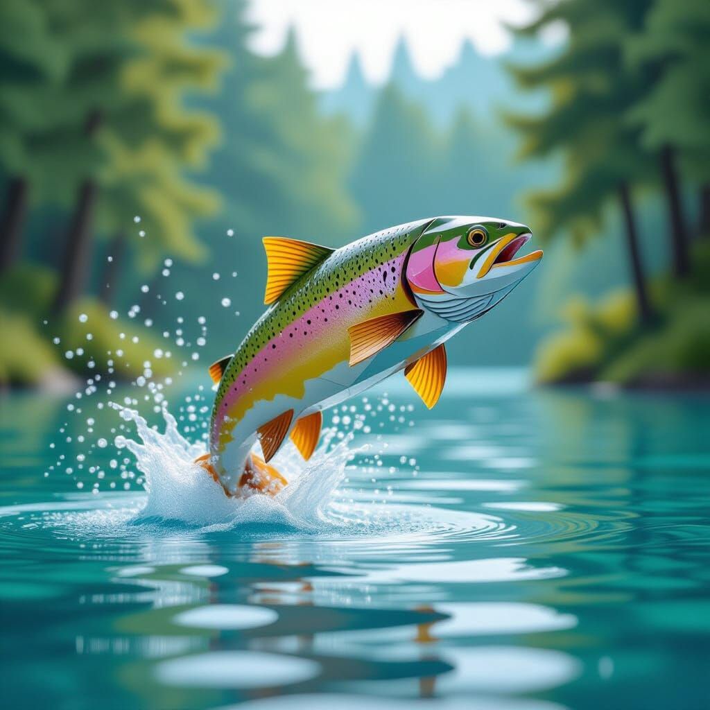 Trout Leaping in Origami Papercraft Style