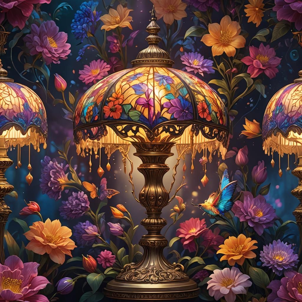 Ornate Lamp Surrounded by Exotic Flowers, Digital Art