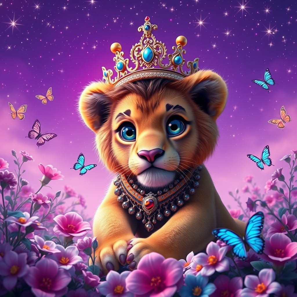 A fantastical lion cub adorned with a shimmering crown and i...