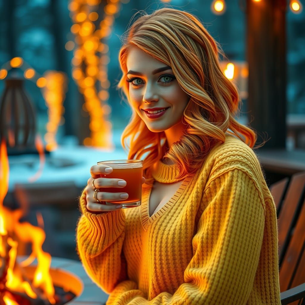 Woman Sipping Cider with Art Nouveau Elements