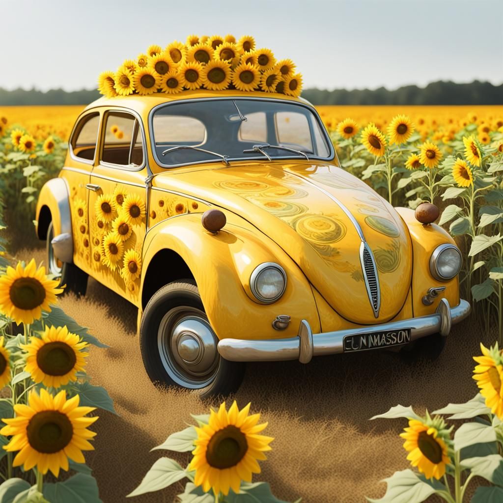 Beetle car with sunflowers on top of it in a sunflower field