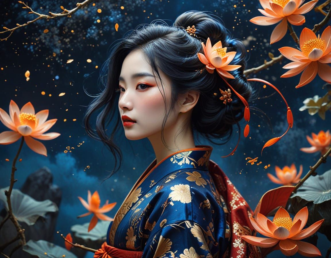 Ethereal Goddess in Traditional Kimono with Koi and Blooming...