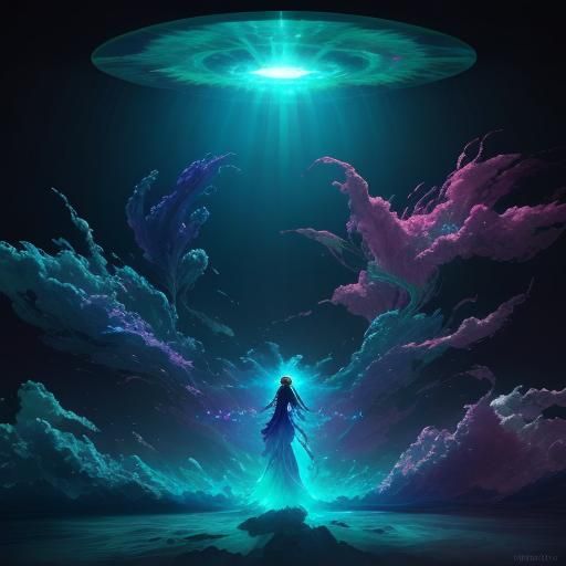 Mystical Woman in Iridescent Cloud: Surreal Anime Art