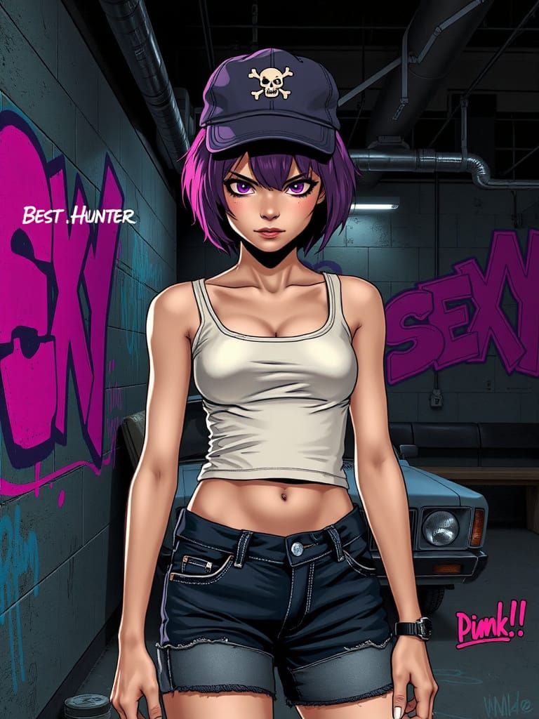 Defiant Woman in Urban Graffiti Scene: Graphic Novel Art