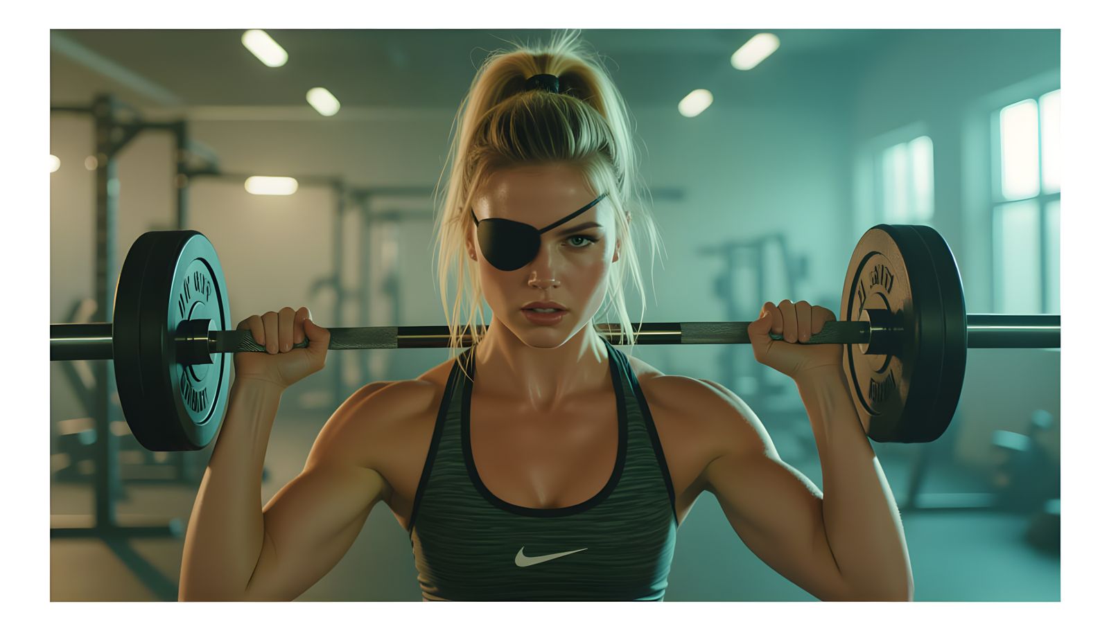 Woman With Eyepatch Lifts Weights in Gym Cinematic