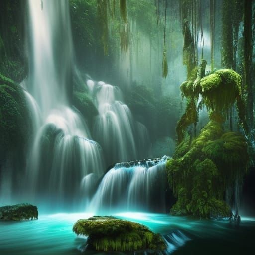 Teal Waterfall in Rainforest: Detailed Digital Art