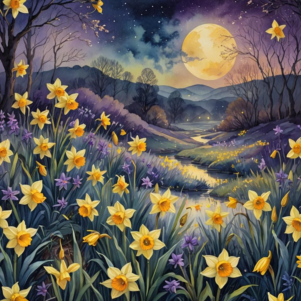 Moonlit Daffodils in Mystical Meadow as Matte Painting