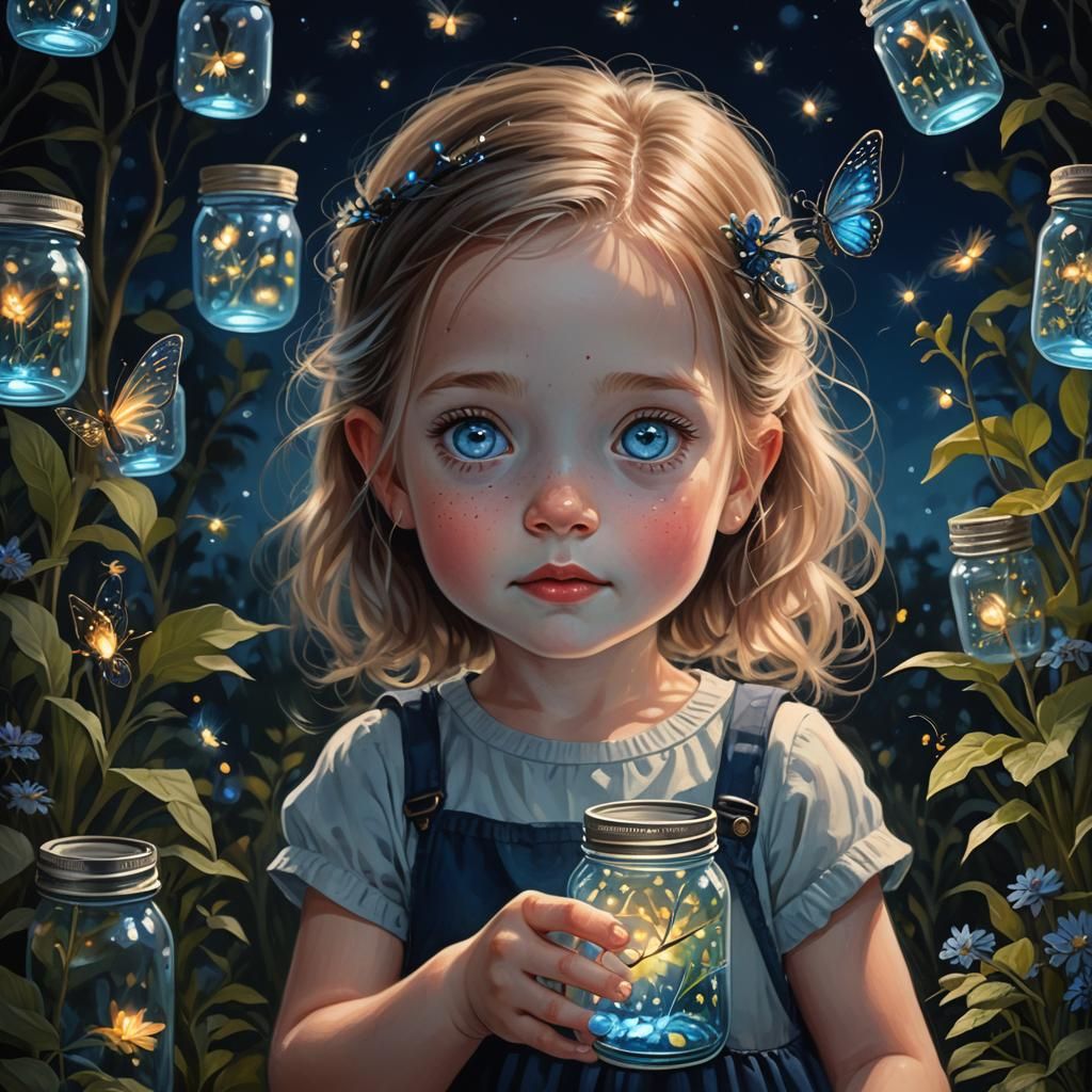 Girl with Fireflies Under Moonlight in Hyperrealism