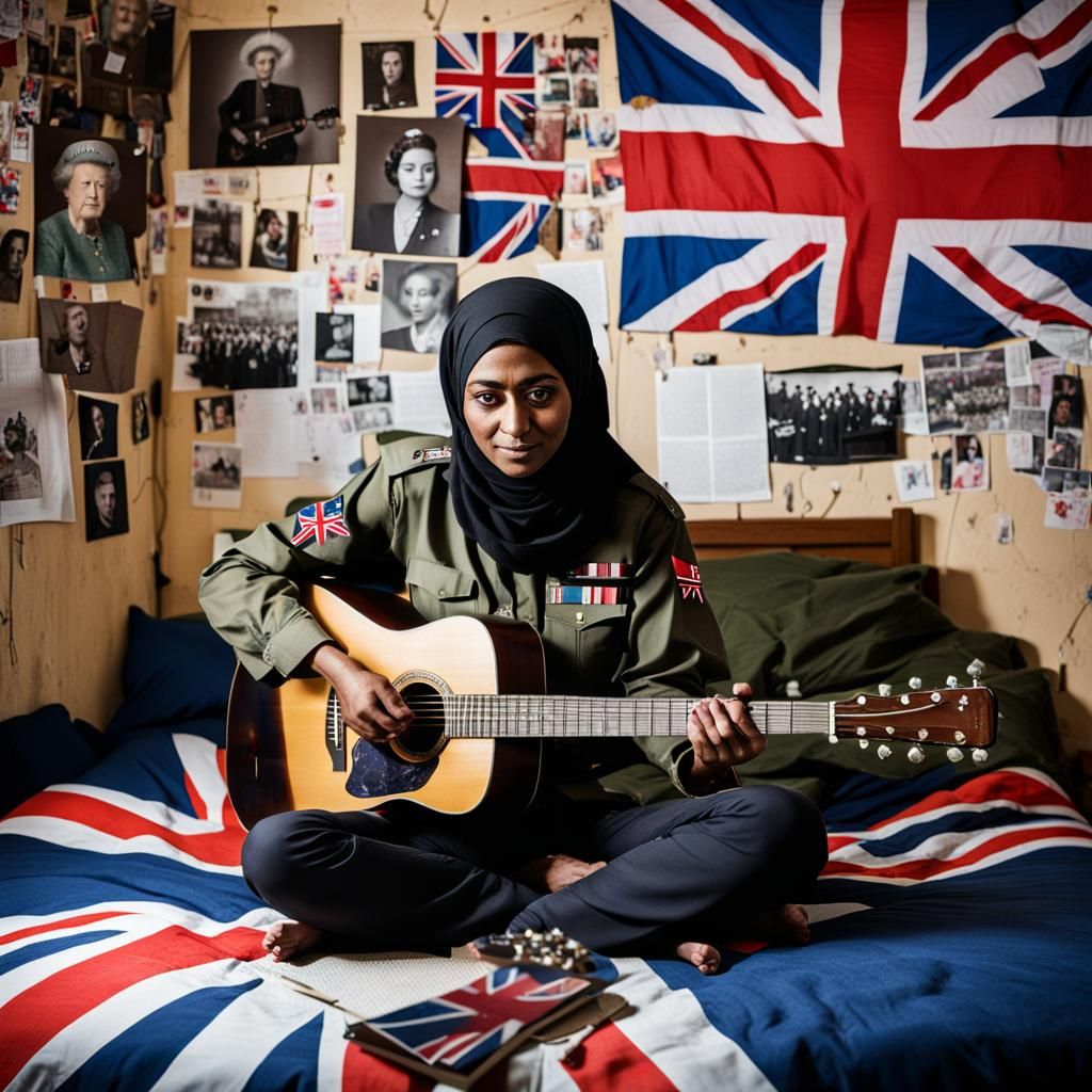 A young dark Muslim girl in battle fatigues, sitting crossed legged on her bed, in her barracks room, playing acoustic g...