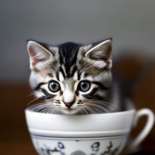 Silver Tabby Kitten in Teacup: Professional Portrait