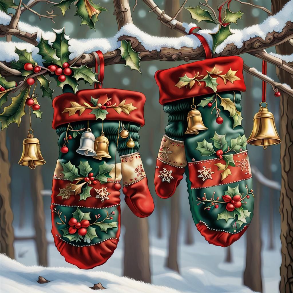 Christmas Mittens in Hyperreal Airbrush Winter Scene