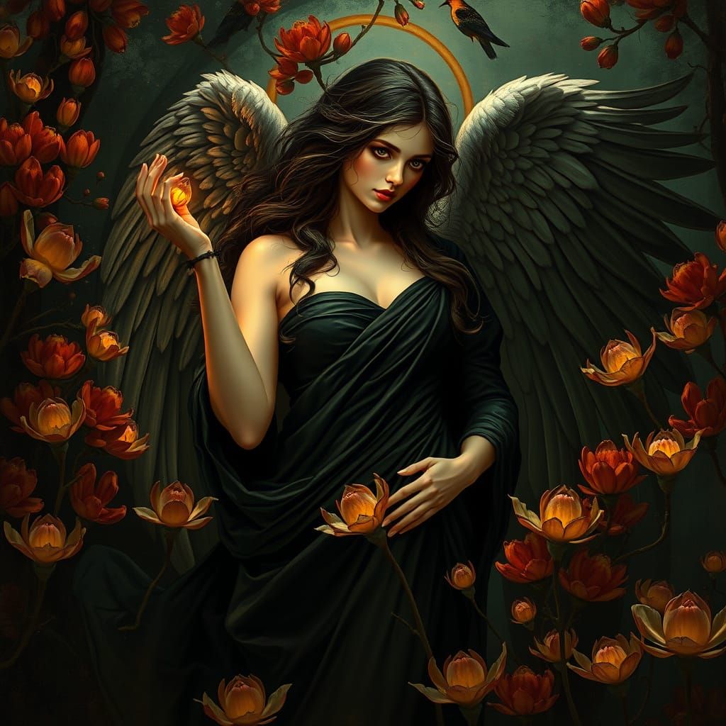 Angel of Death Beckons Amidst Acacias in Gothic Fantasy Styl...