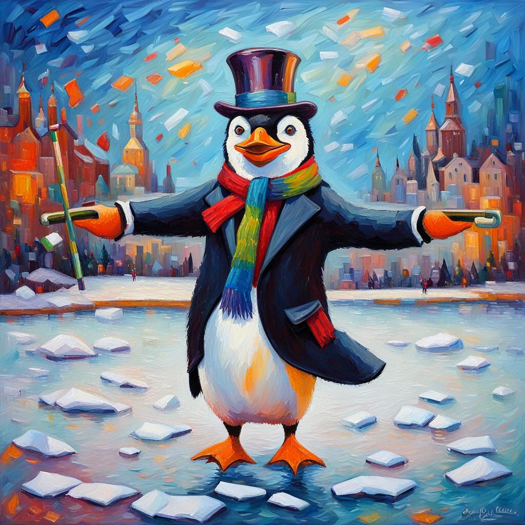 Penguin Dancing on Ice Floe in Neo-Impressionist Style