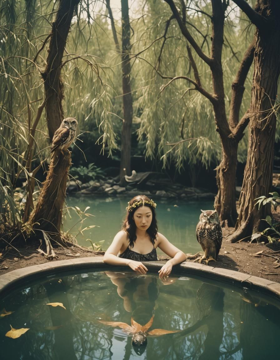 Female cherubim bathing in a pool under a willow with an owl...