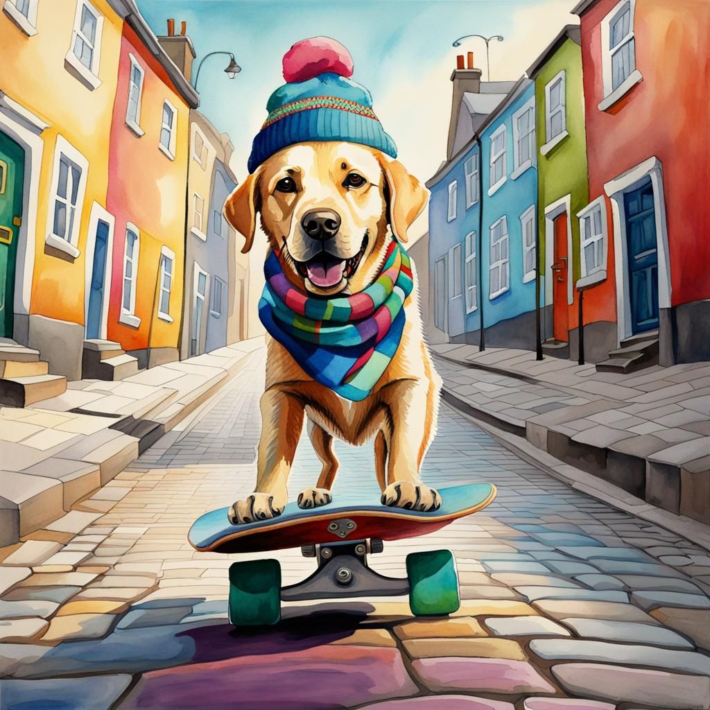 Labrador Skateboarding in Watercolour with Colorful Accessor...