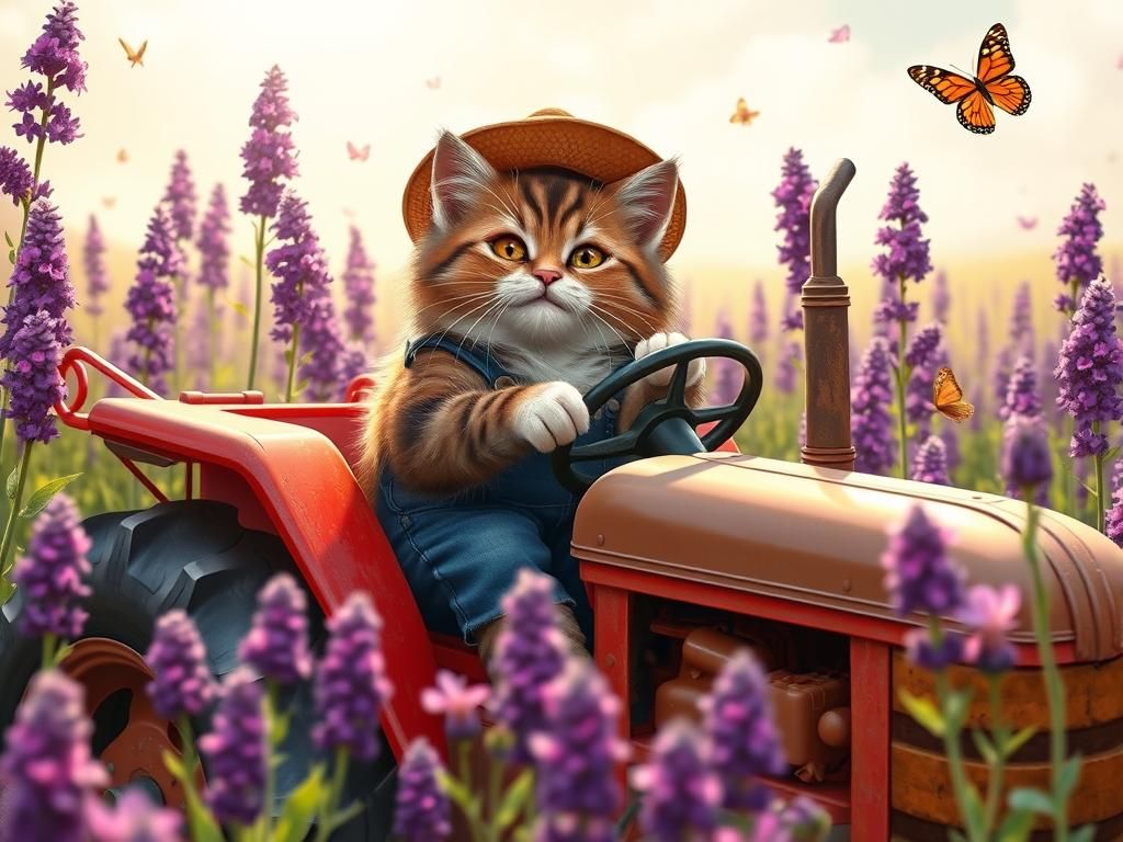Cat Farmer Harvesting Catnip in Whimsical Style