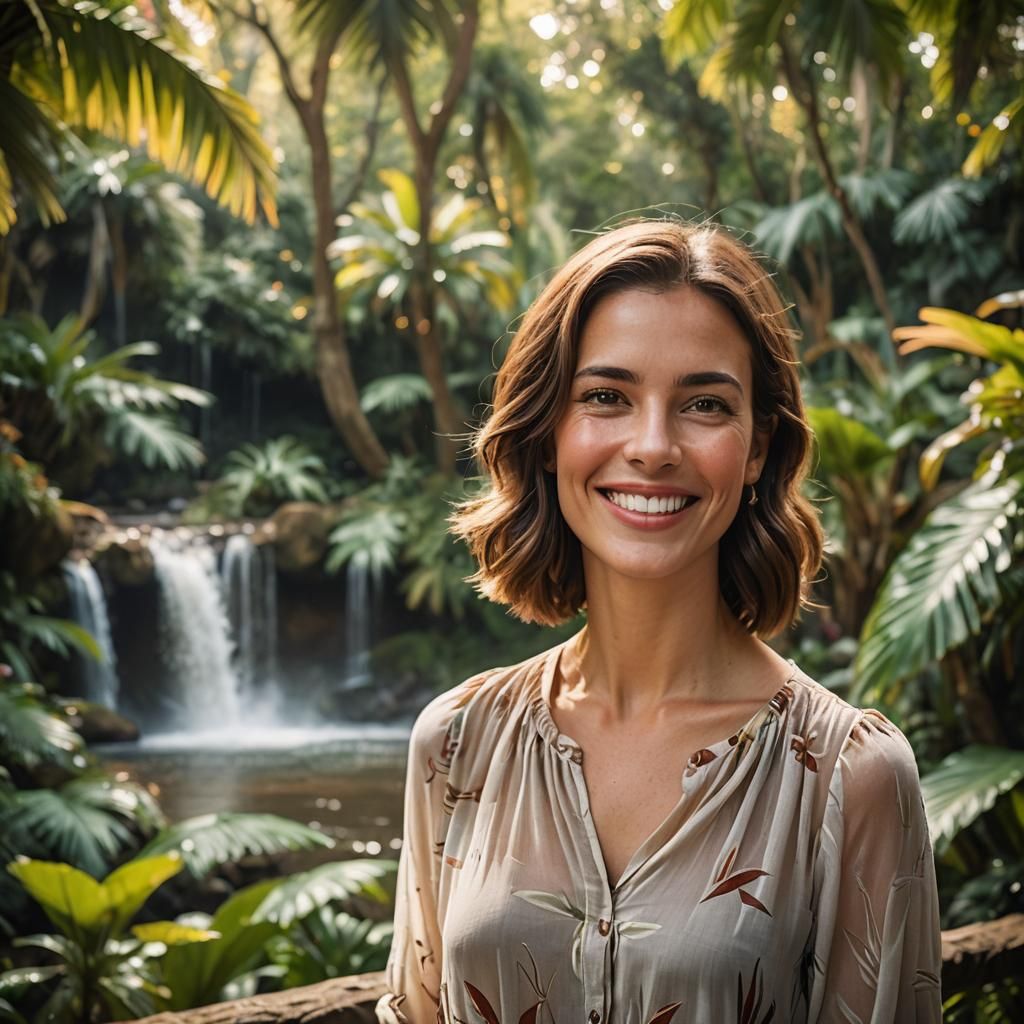 Tropical Portrait of a Smiling Woman with Bokeh