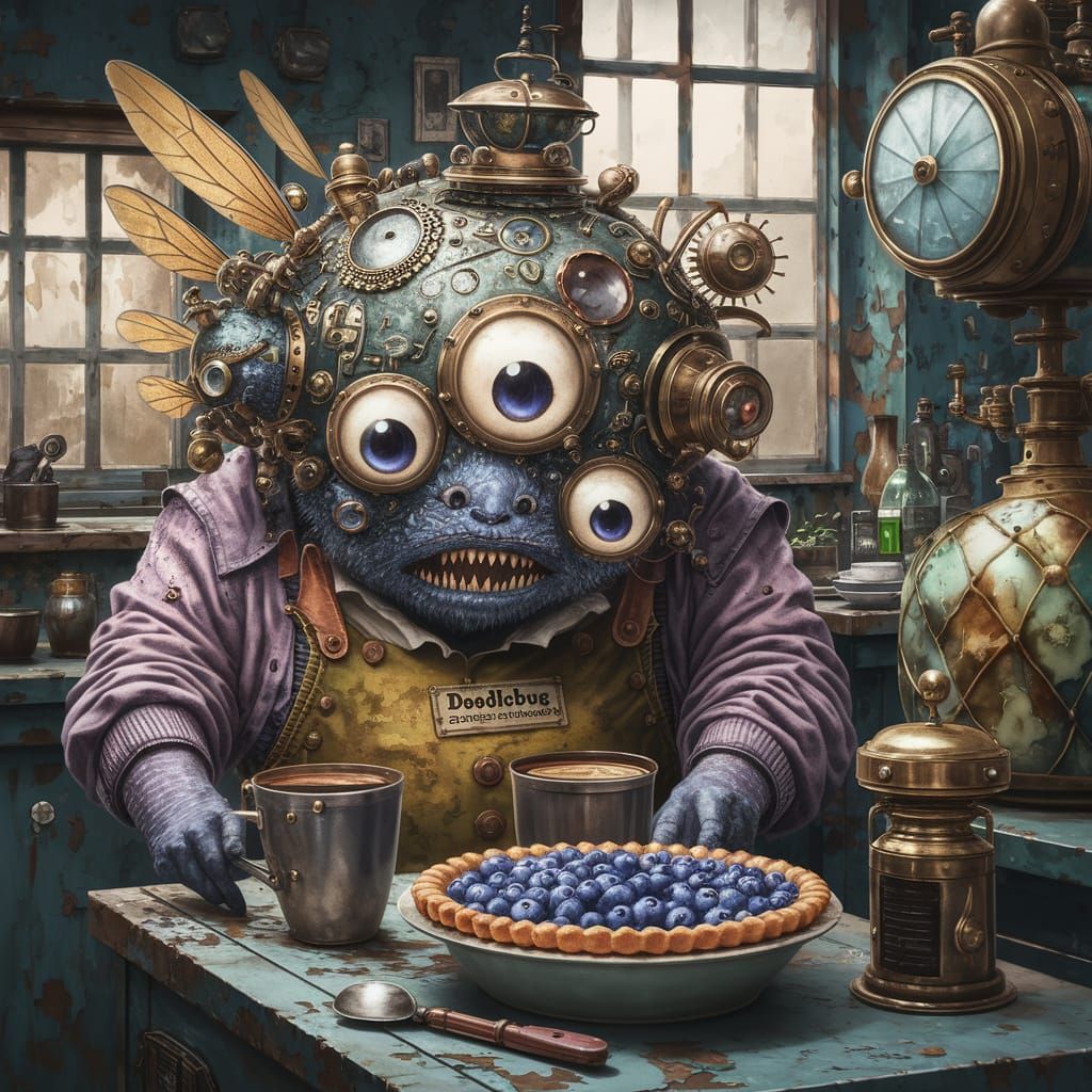 Steampunk Creatures Serve Blueberry Pie in Vintage Coffee Sh...