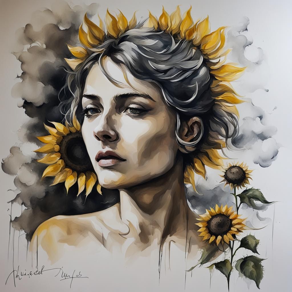 Sunflower Cloudscape in Oil and Ink