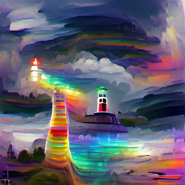 Colorful Lighthouse Under Rainbow Sky