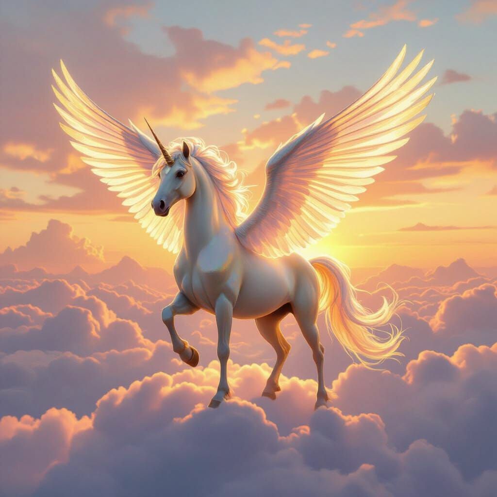 Majestic Gold Pegasus on Cloud at Sunrise