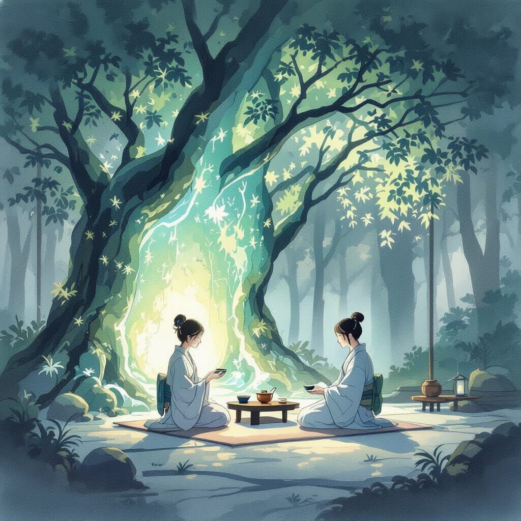 Bioluminescent Tea Ceremony in Japanese Ink Wash Style