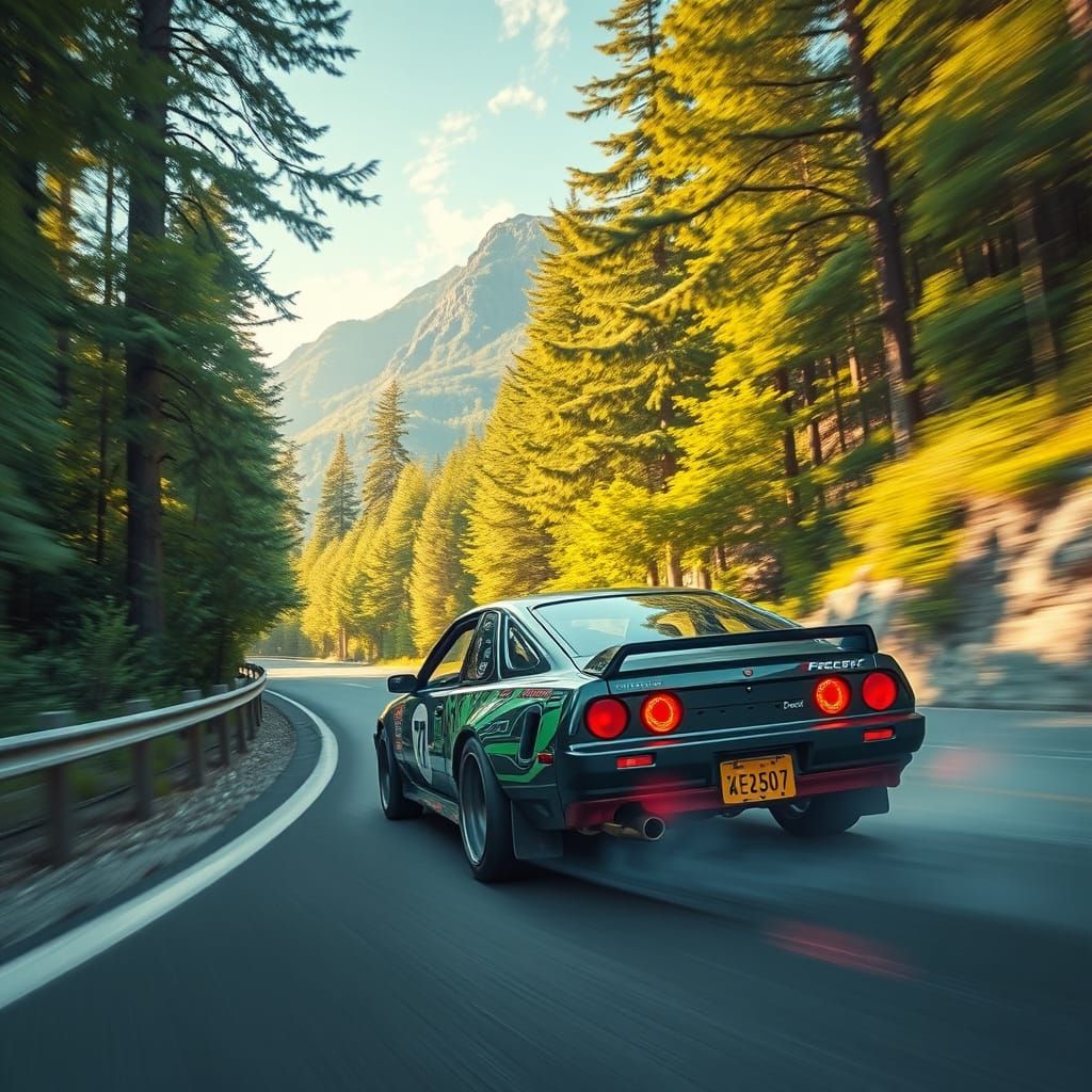 Car Drifting on Mountain Pass in Futuristic Style