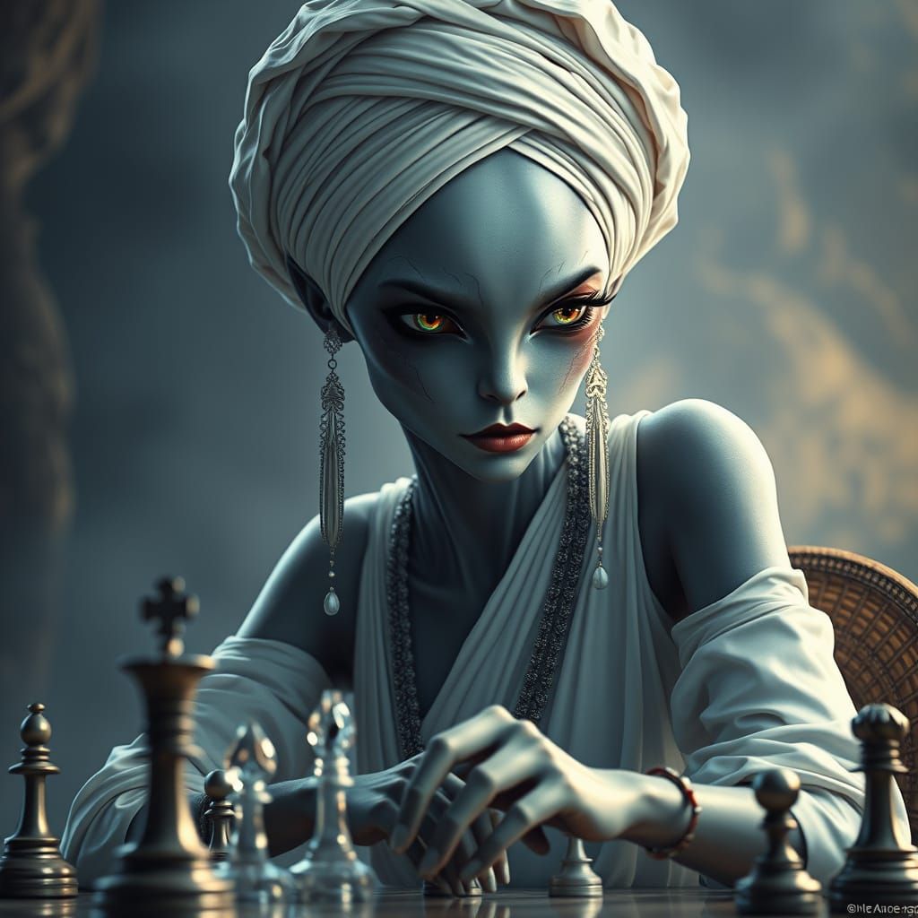 Elegant Space Alien Lady Playing Chess