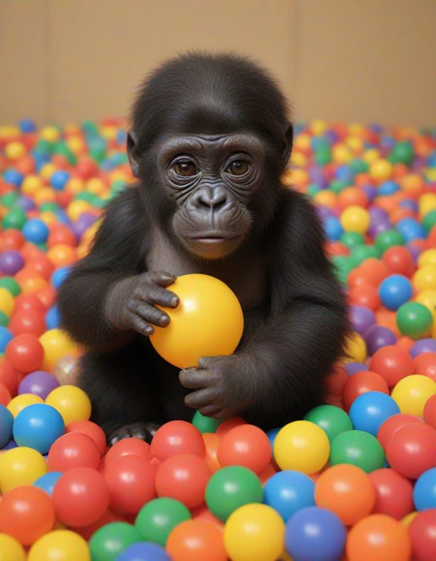 Baby Gorilla Plays in Colorful Ball Pit