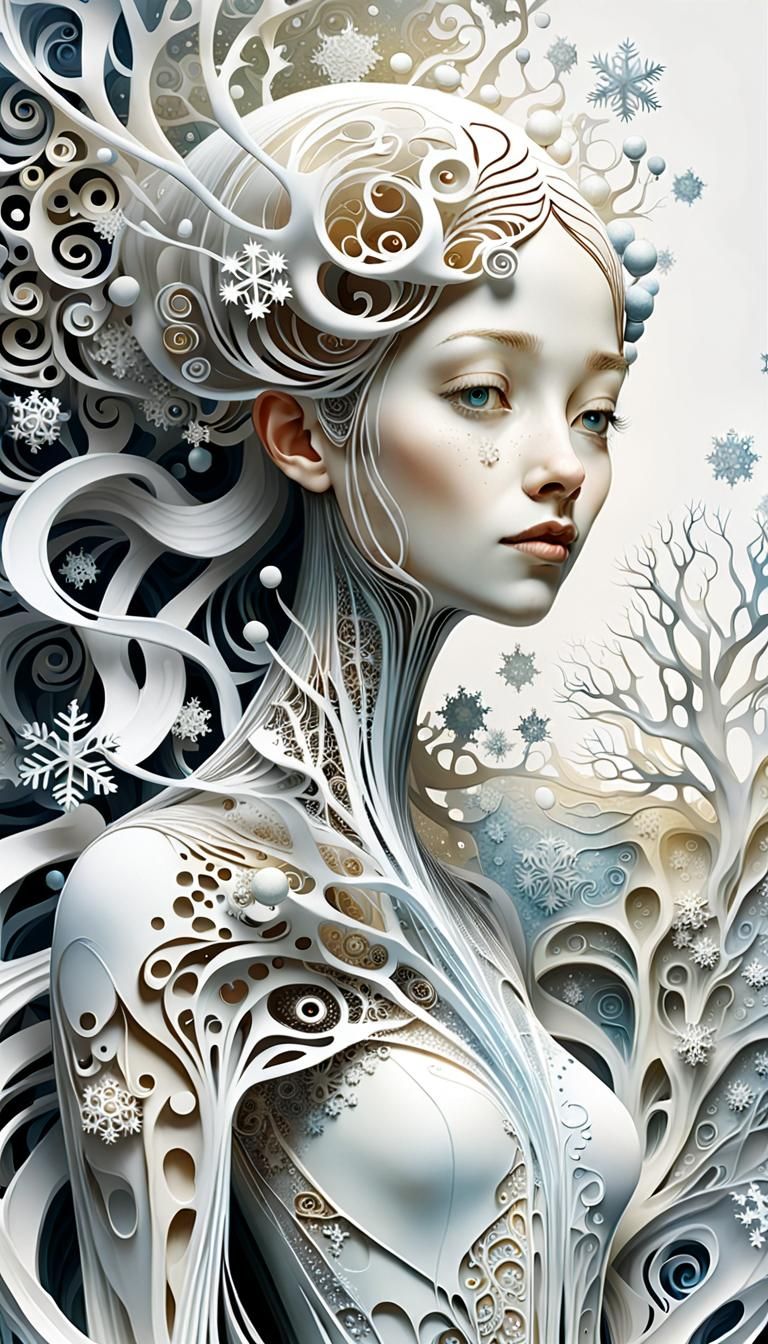 Hyperrealistic 3D Woman with Snowflakes on White