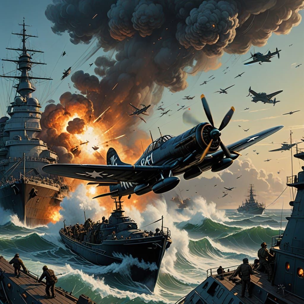 WWII Navy Corsair in Stormy Sea, Highly Detailed HDR Renderi...
