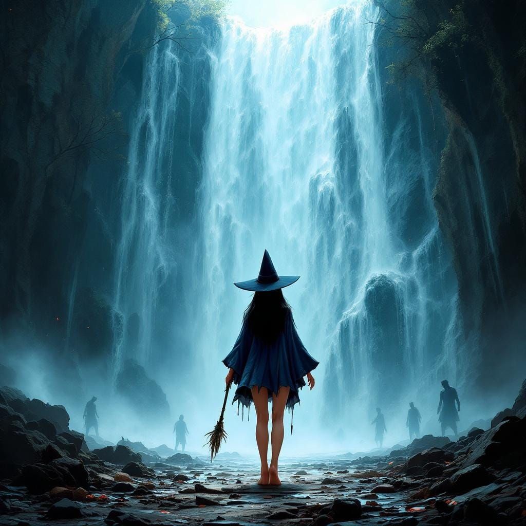 Witch at Waterfall in Hell: Fantasy Illustration