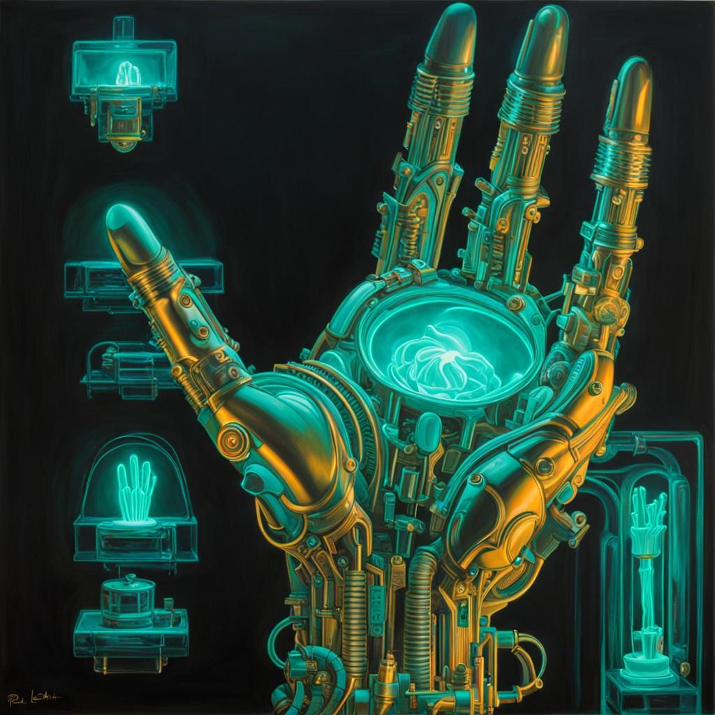 Bioluminescent Biomechanical Hand in Bio Art Style