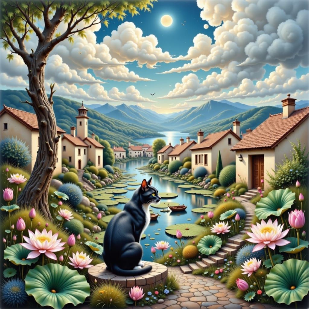 Surreal Double Exposure: Mouse, Cat, and Village Landscape