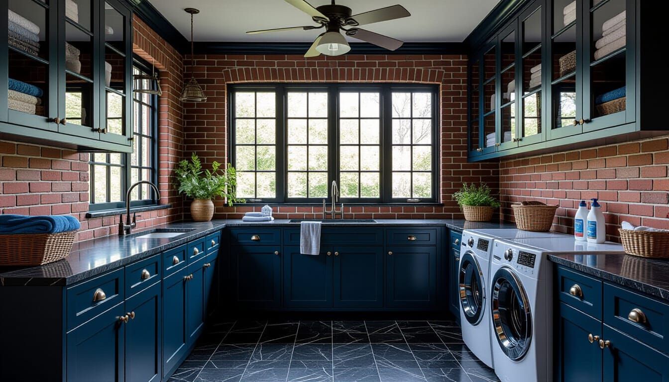 Victorian Laundry Room With Dark Blue Cabinets and Brick Acc...