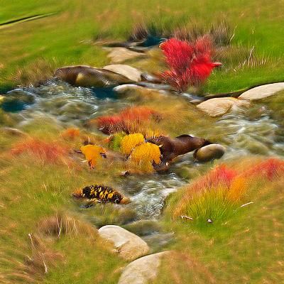 Autumn Mountain Stream Through Colorful Meadows