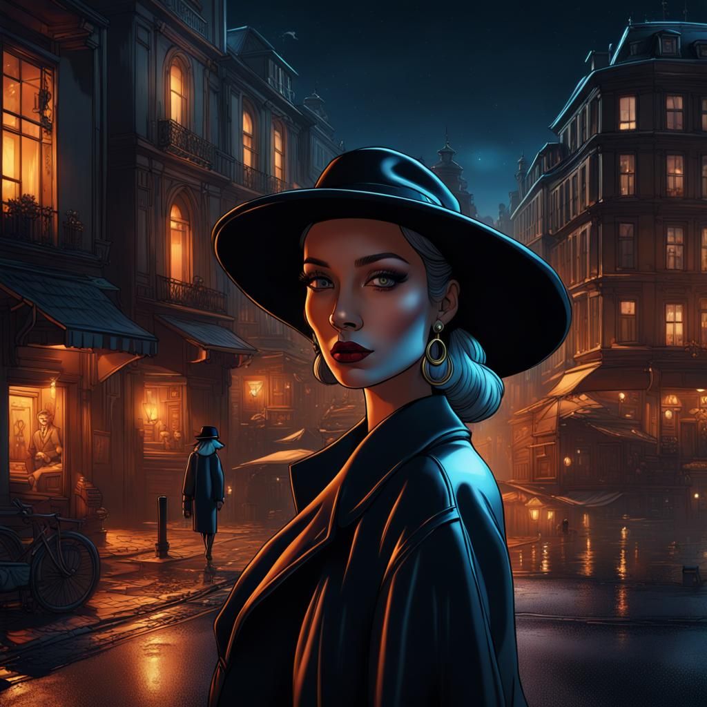 City Night Portrait in Hergé Style Illustration