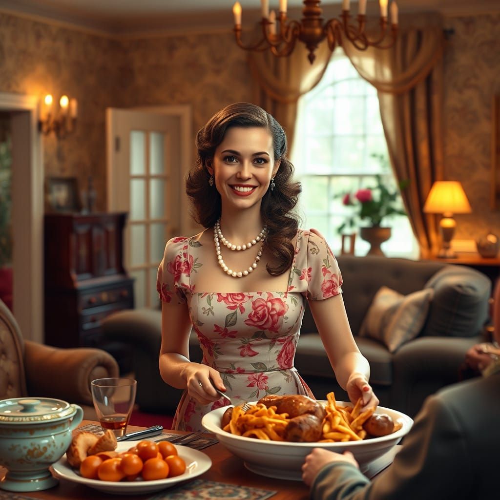 Elegant Homemaker Serves Dinner in a Nostalgic 1950s Living....